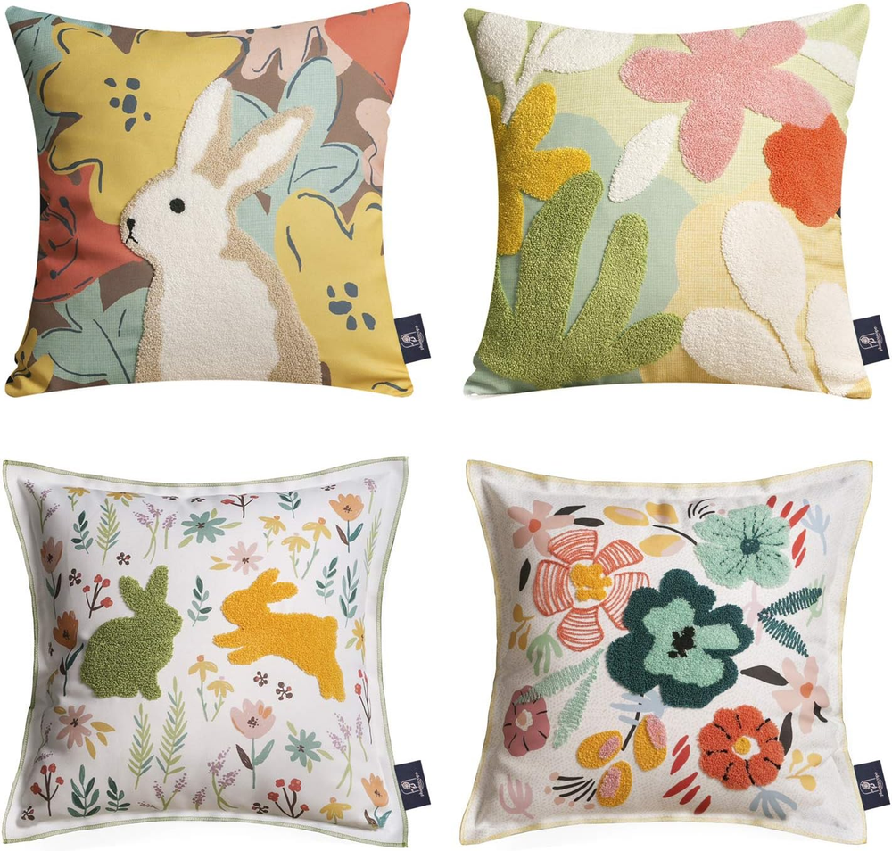 Pack of 4 Colorful Easter Flower and Rabbit Pillow Covers