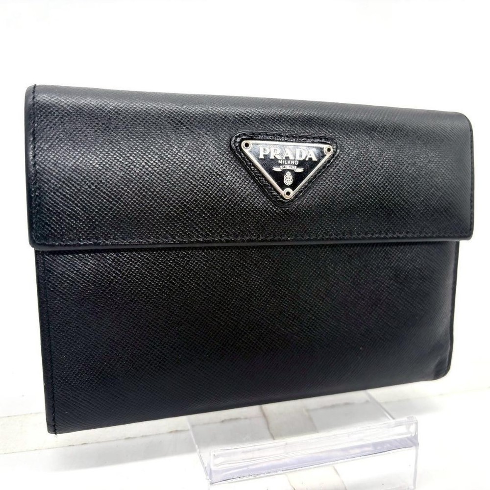 Prada Black Saffiano Leather Mini Tri-Fold Wallet with Logo