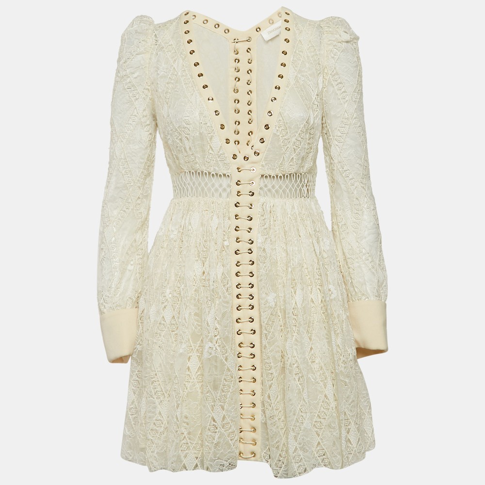 Zimmermann Off-White Lace Eyelet Detail Flared Mini Dress XS