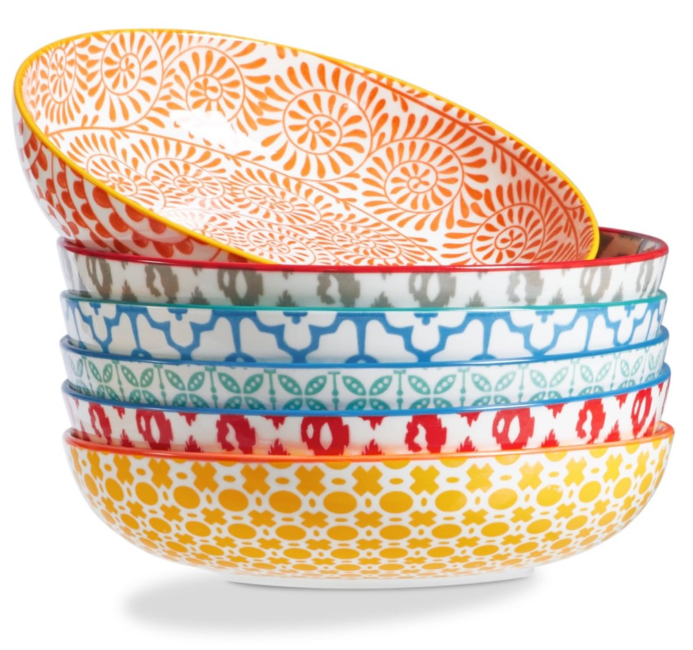 Colorful Pasta Bowls Set of 6, 36oz - Oven/Microwave/Dishwasher Safe Ceramic ...