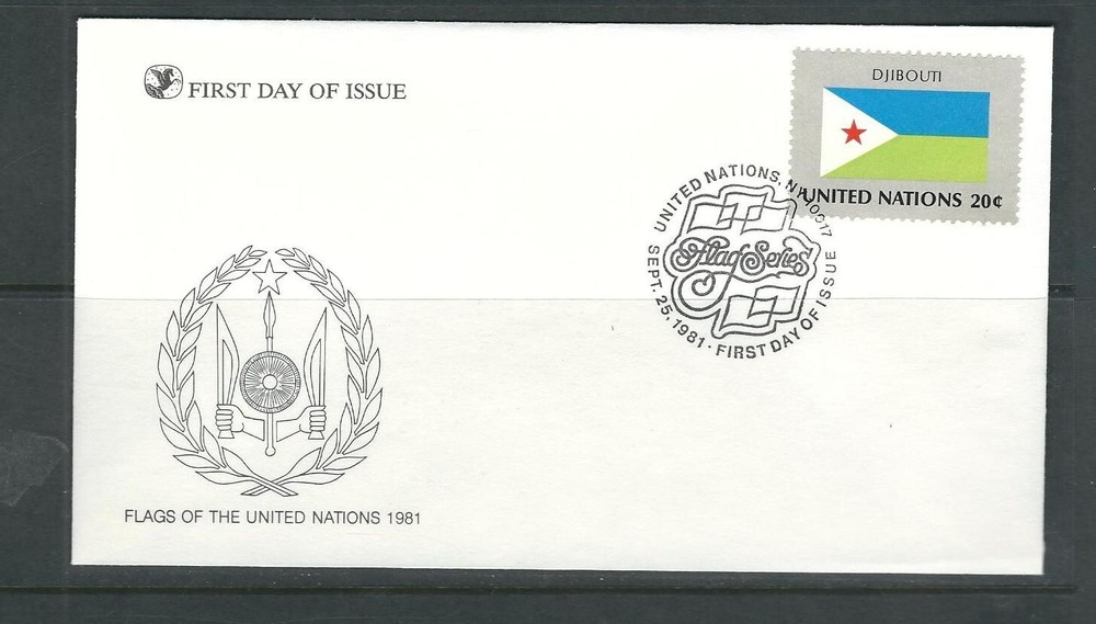 United nations 1981 Flag Series SC # 350 Djibouti FDC . Readers Digest