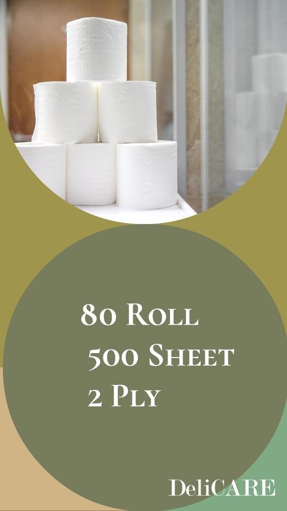 80 Rolls DeliCARE Soft Toilet Paper 500 Sheets 2Ply NO CLOG SEPTIC SAFE Virgin