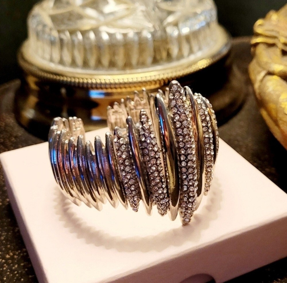 Vintage Art Deco Crystal Silver Empire Cuff Bracelet with White Stones