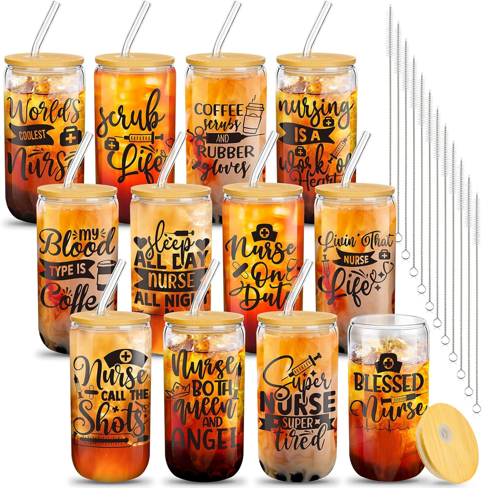 12 Pcs Nurse Gifts for Women 16 Oz Can Shaped Glass Cups with Lids and Straw Fun