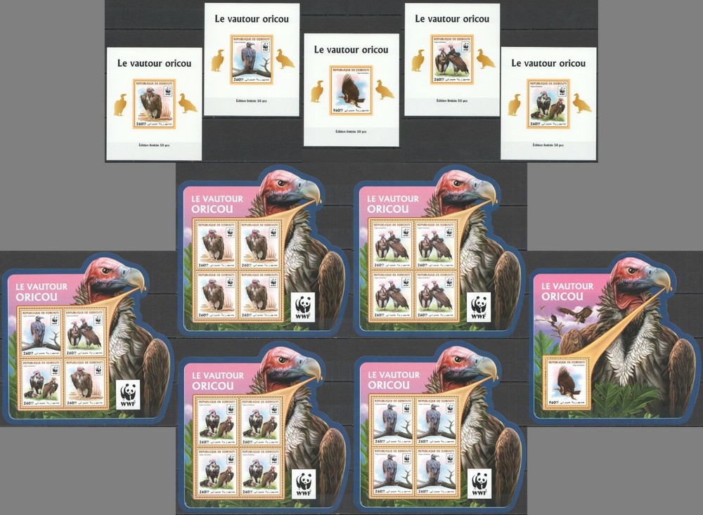 2016 DJIBOUTI WWF VULTURES BIRDS #1319-23 4SET+KB+BL+5BL(CARDBOARD) MNH
