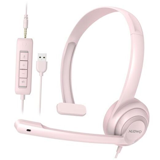 USB Headset with Microphone Noise Cancelling &in-line 1 Pack Pink USB+3.5mm