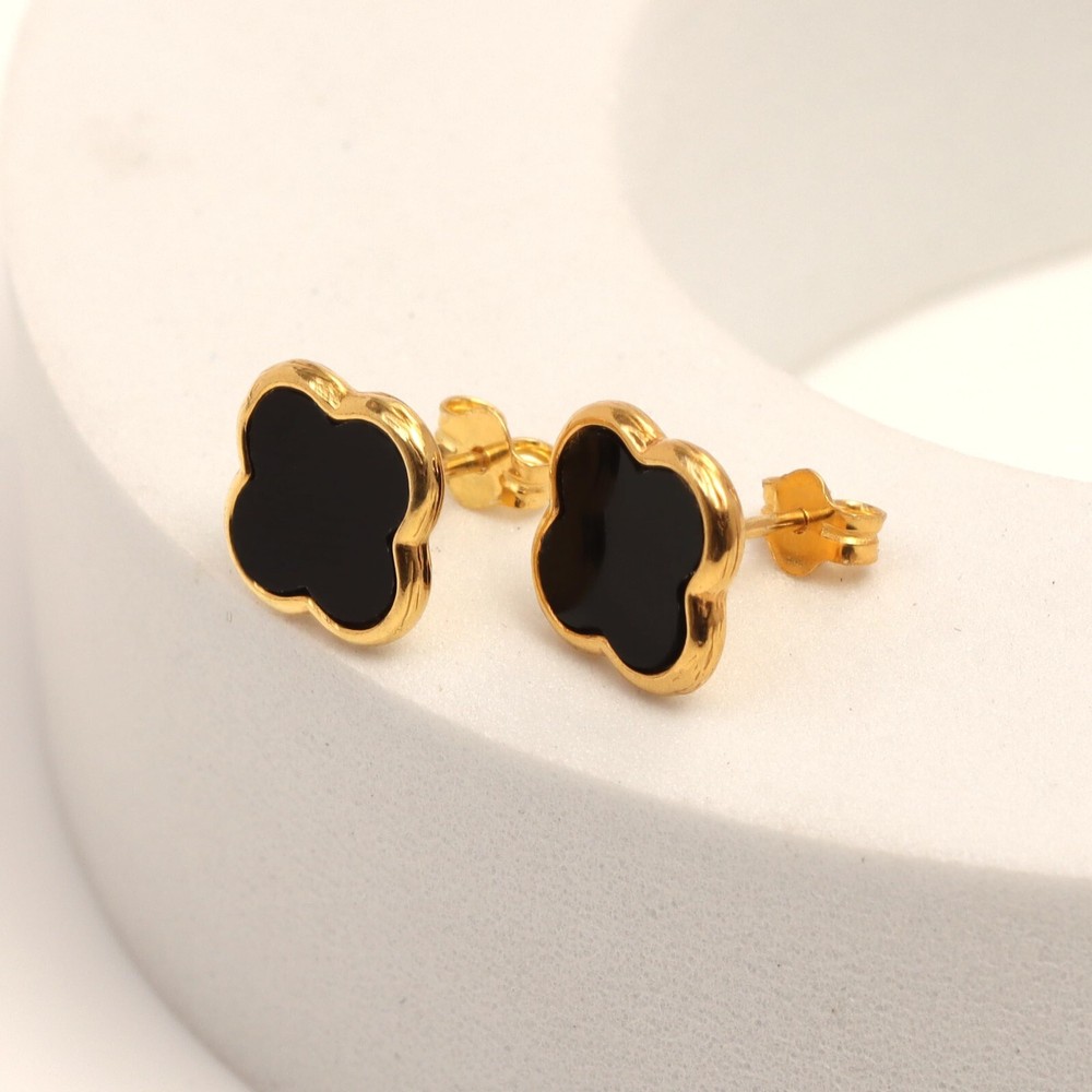 Valentines Day Gift 14K Gold-Plated Black MOP Clover Stud Earring for Women 12MM-image