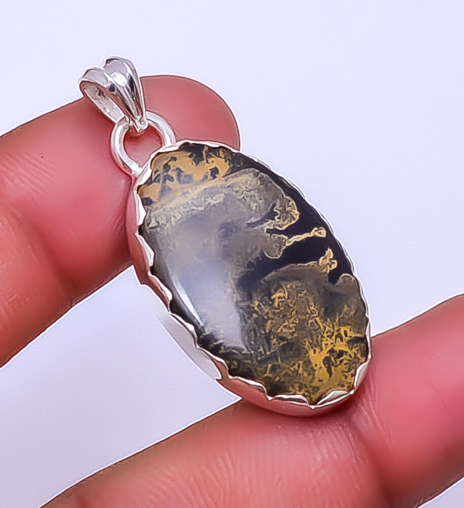Honey Dendritic Opal - Mexico Gemstone 925 Sterling Silver Pendant 1.64