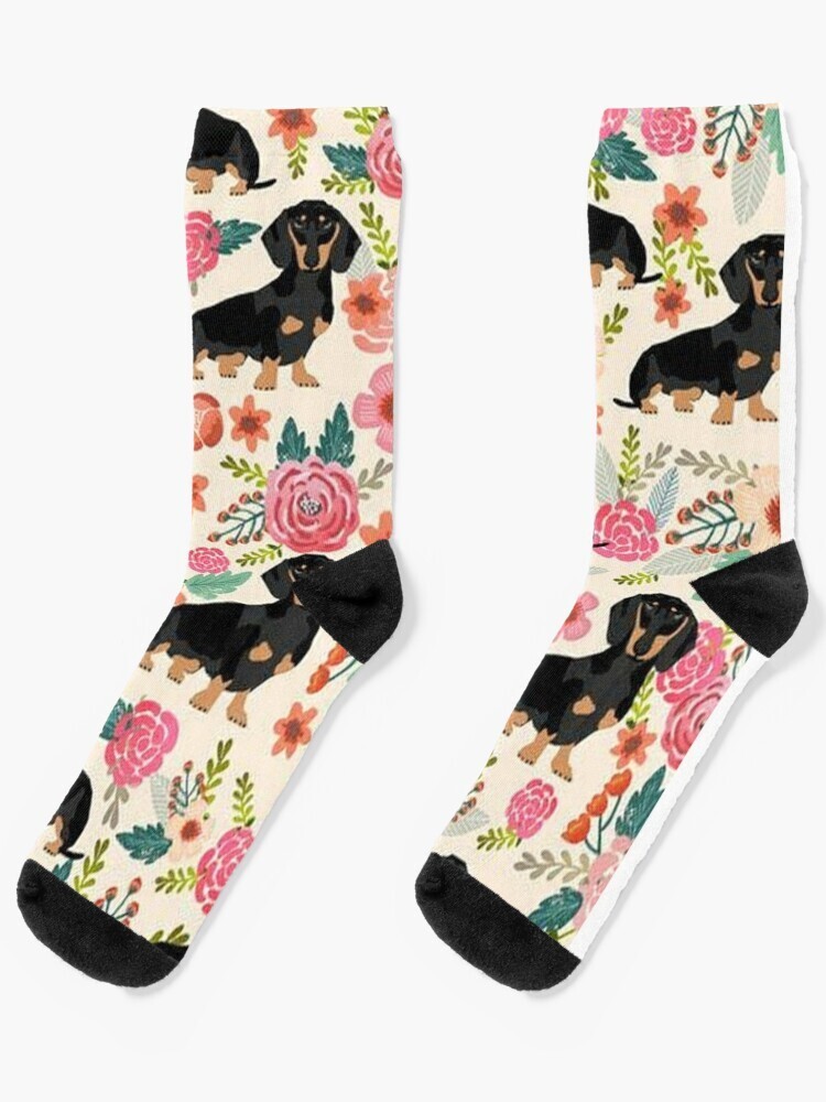 ダックスフントと花柄ソックス 昇華クルーソックス 犬 ユニセックス ソックス