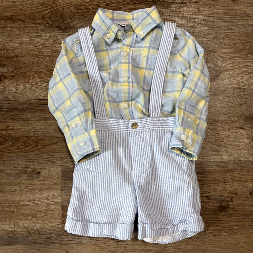 Janie and Jack Boys 12-18 Months Set Suspender Shorts Button Down Plaid Easter