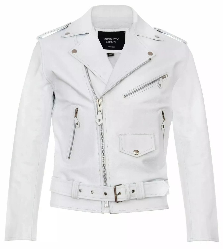 Men's White Leather Jacket Pure Lambskin Motorcycle Biker Zipper Jacket