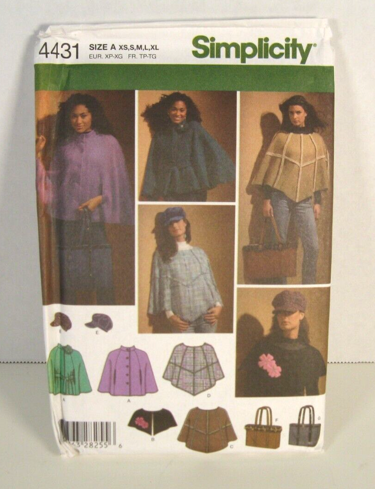 Simplicity 4431 Poncho, Capelet, Cape, Hat & Tote Pattern Misses' XS-XL Uncut