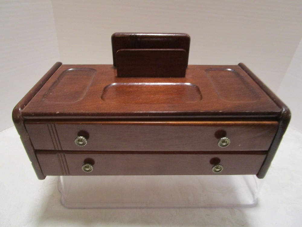 Vintage Mahogany wood Men’s Organizer Vanity top 2-Drawer Lined MELE 12.25