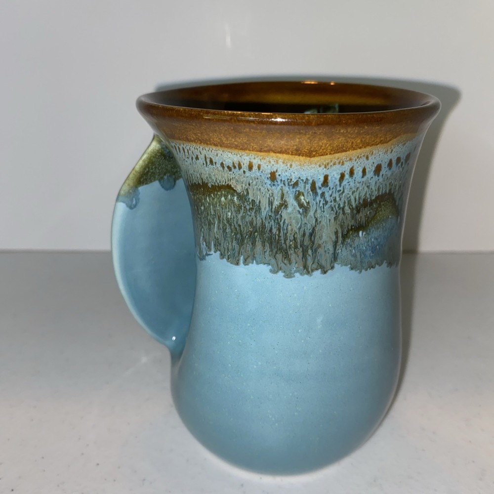 Neher Pottery Left Handed Blue Brown Drip Glaze Hand Warmer Mug 2014 Signed