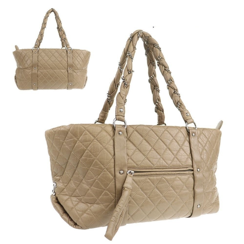 CHANEL Beige Silver Chain Tote Bag Luxury Line