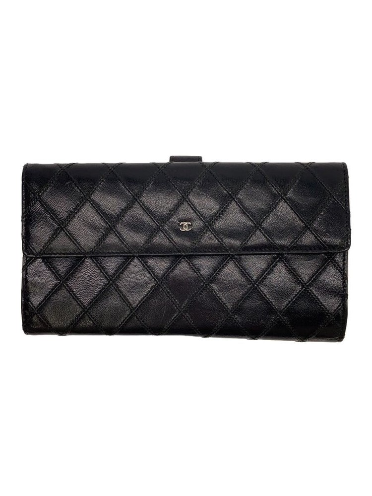 CHANEL Diamond Quilted Mini CC Black Leather Bifold Long Wallet Pre-Owned