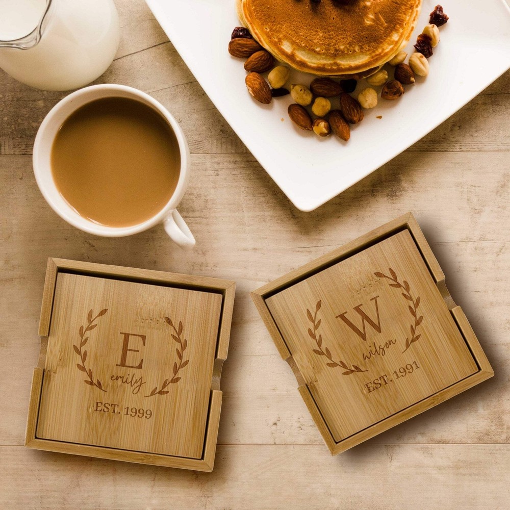 Customisable Set of 4 Eco-Friendly Bamboo Coasters for Home Decor