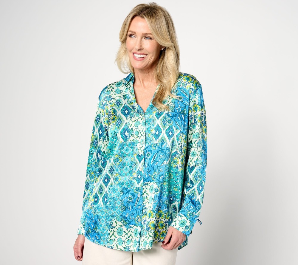 Susan Graver Women's Top Petite 2XP Printed Stretch Charmeuse Shirt Blue A638795