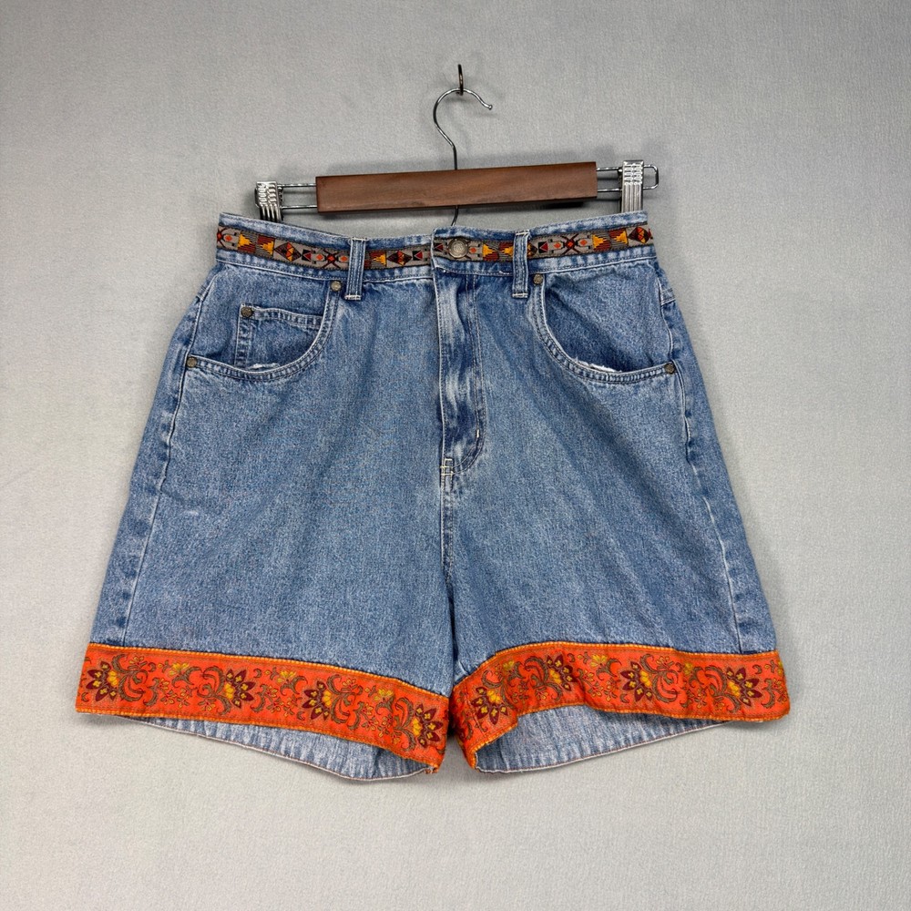 Vintage Bill Blass Denim Shorts Womens 10 Embroidered Boho High Waist