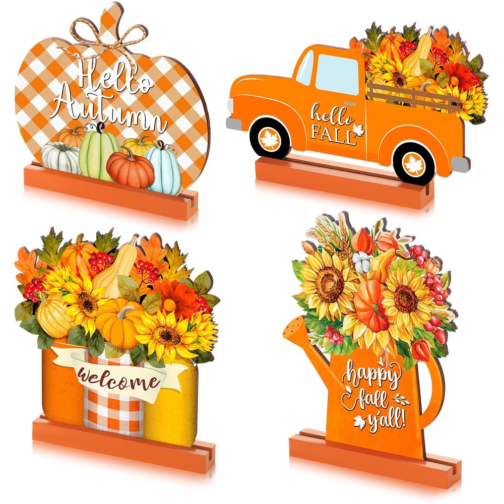4 PCS Hello Fall Tiered Tray Decor Pumpkin Truck Wooden Signs Warm Harvest