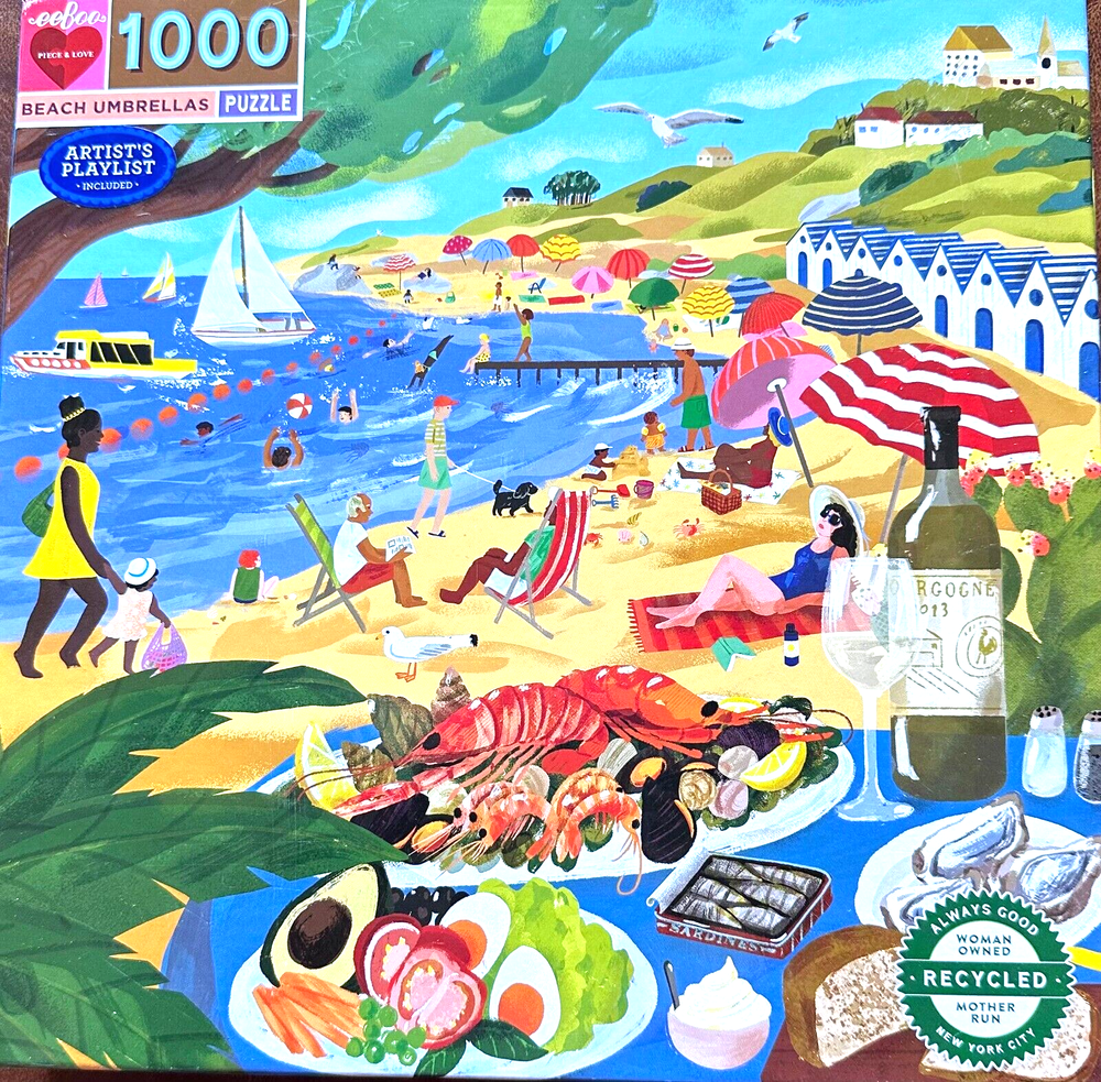 Stylish Beach Umbrellas 1000-Piece Puzzle Featuring Cartoon Ocean Lobster Ships and People