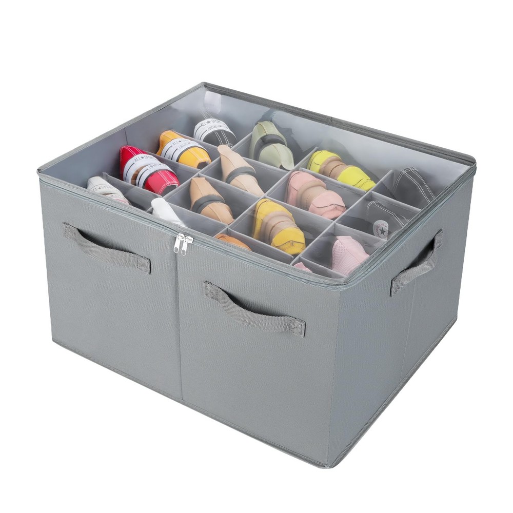 Foldable Shoe Organizer Box with Adjustable Dividers for Closet Storage