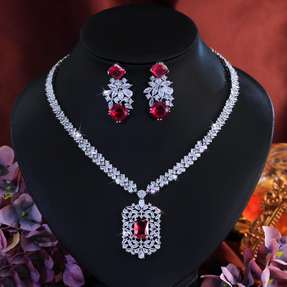 Square Leaf Cluster Necklace Earrings Silver Plated CZ Red Bridal Jewelry Set
