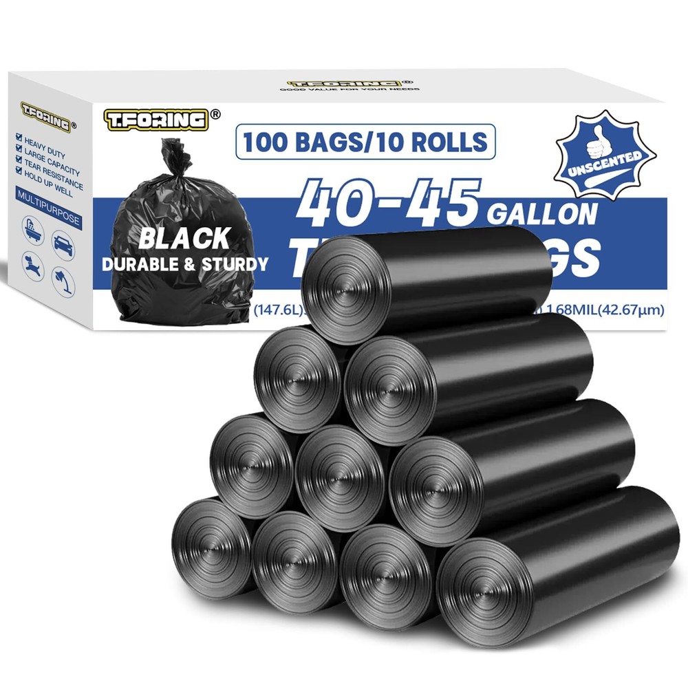 Large 40-45 Gallon Trash Bags Heavy Duty - 1.6 Mil Thick,39''x47'' Strong Black