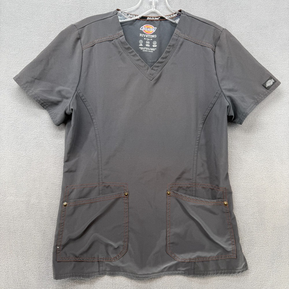 Dickies Riveting Scrub Top Womens Small Gray 4-Way Stretch Moisture Wicking Logo