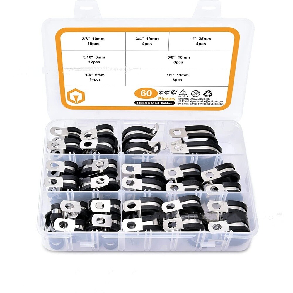 60PCS Cable Clamps Assortment Kit 7 Size 304 Stainless Steel Rubber Cushion