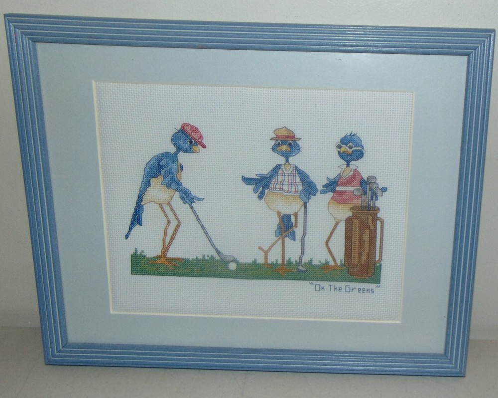 Completed Finished Cross Stitch Birds Golfing Framed 14