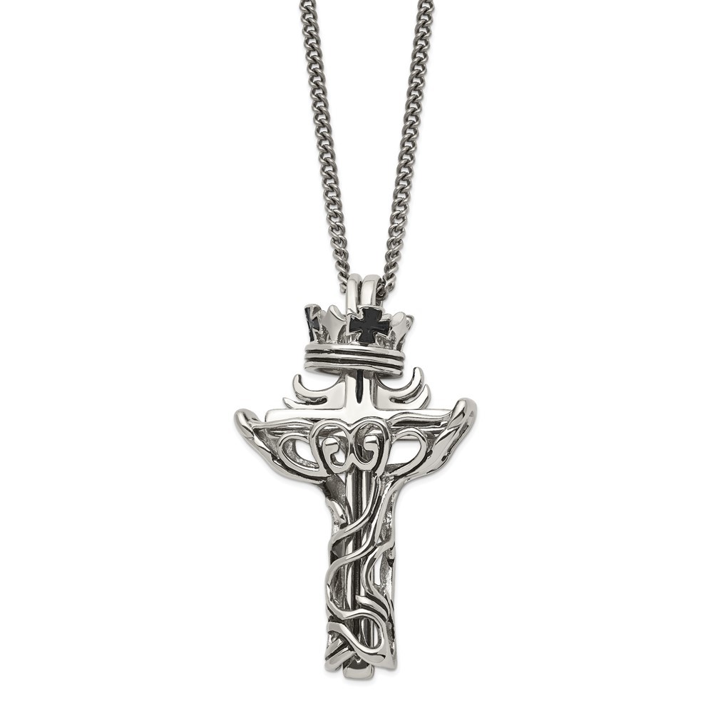Stainless Steel Enameled 2 Piece Cross w/ Crown Pendant Curb Chain Necklace 22