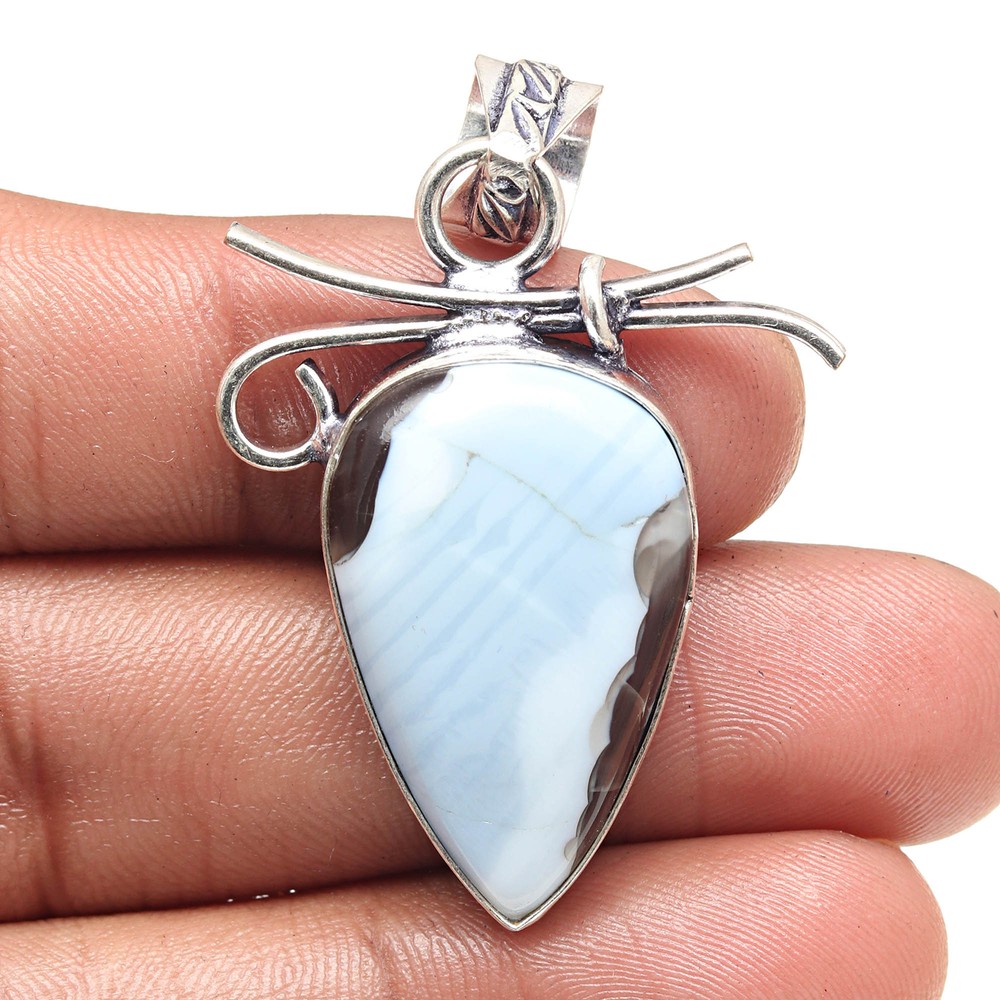 Owyhee Blue Opal Pendant Silver Ethnic Jewelry for Valentine's Day 2 Inch