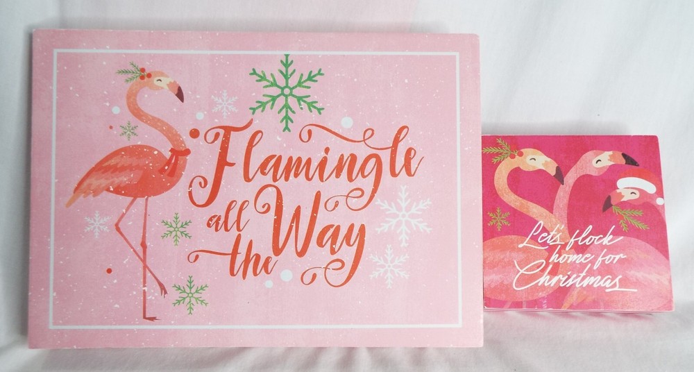 Flamingle Bells 13X8 and Lets Flock Home Christmas 6X6 Framed Wood Decor