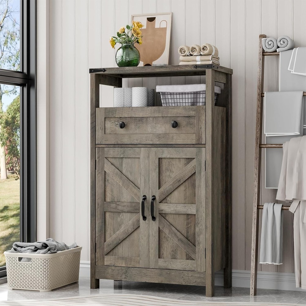 Rustic Grey Farmhouse Small Cabinet with Drawer - Side Storage Organizer