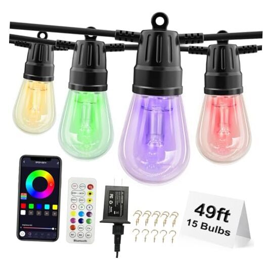 Outdoor RGBW String Lights, 49ft 15 Bulbs Patio Lights with Remote & APP, S14
