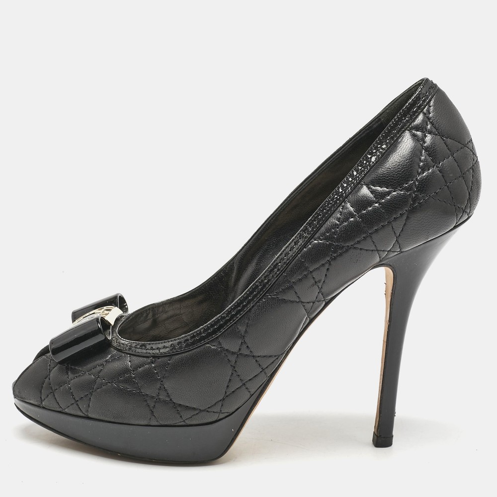 Dior Black Cannage Leather Bow Peep Toe Platform Pumps Size 39