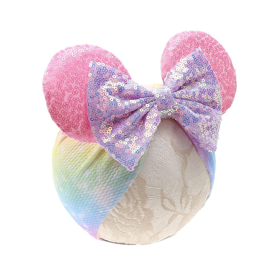 Baby Mouse Ear Turban Head Wrap, Sequin Bow, Rainbow, Infant Toddler Girls