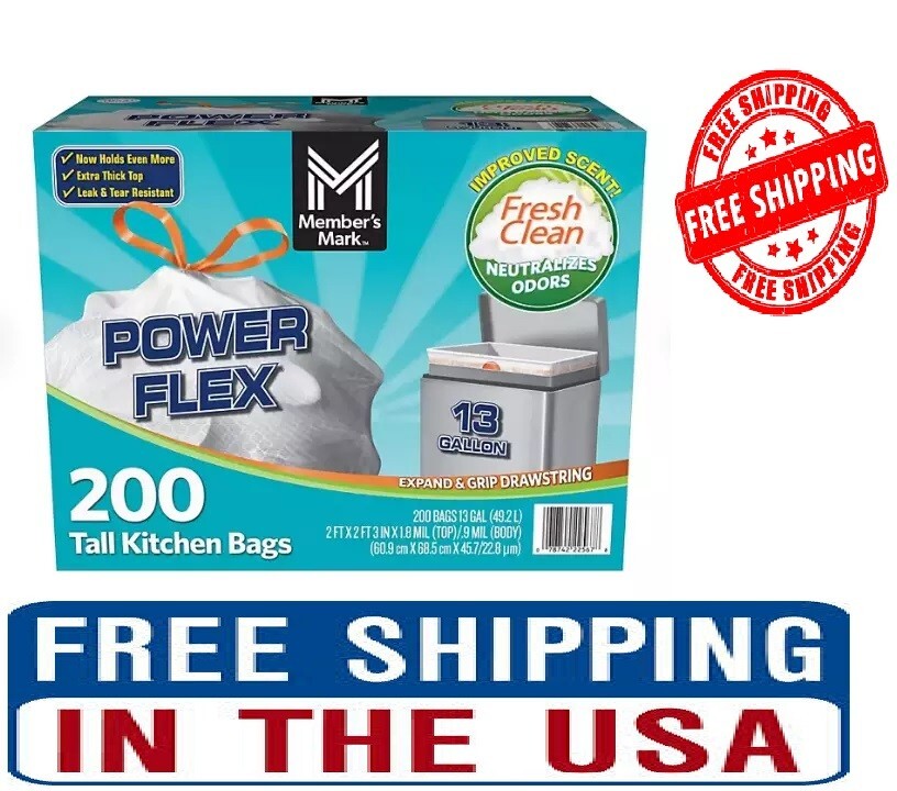 🔥Member's Mark Power Flex Tall Kitchen Drawstring Trash Bags 13 Gallon, 200 ct