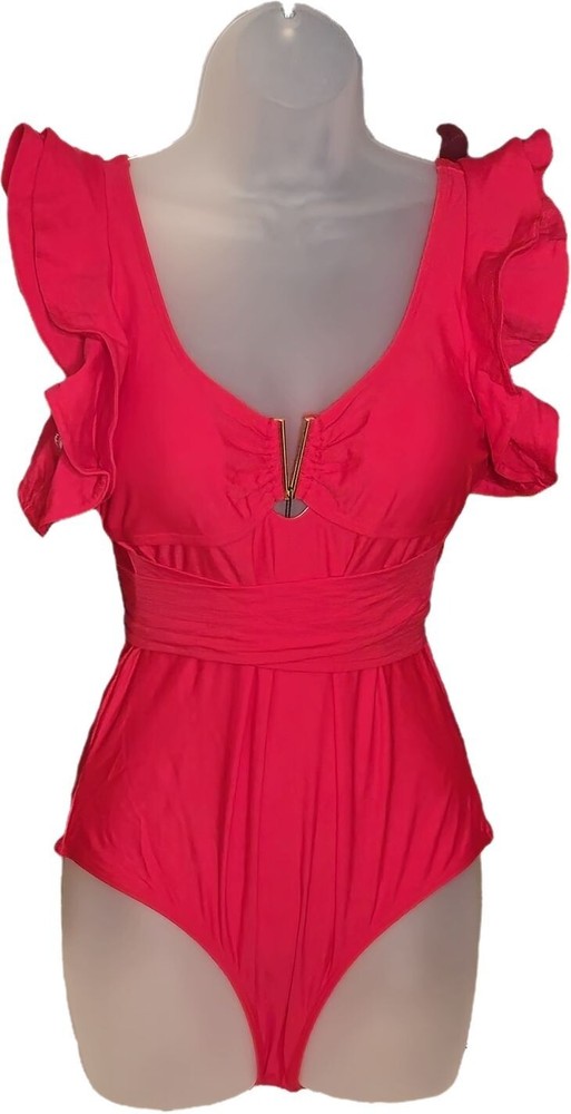 Spinike Red One-Piece Ruffle Sleeves Cut-Out Back Design Wide Belted Swimsuit LG