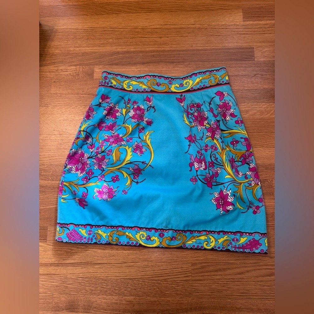 90s Vintage Blue Cotton Emilio Pucci Mini Skirt Turquoise Baroque Floral Sz Sm