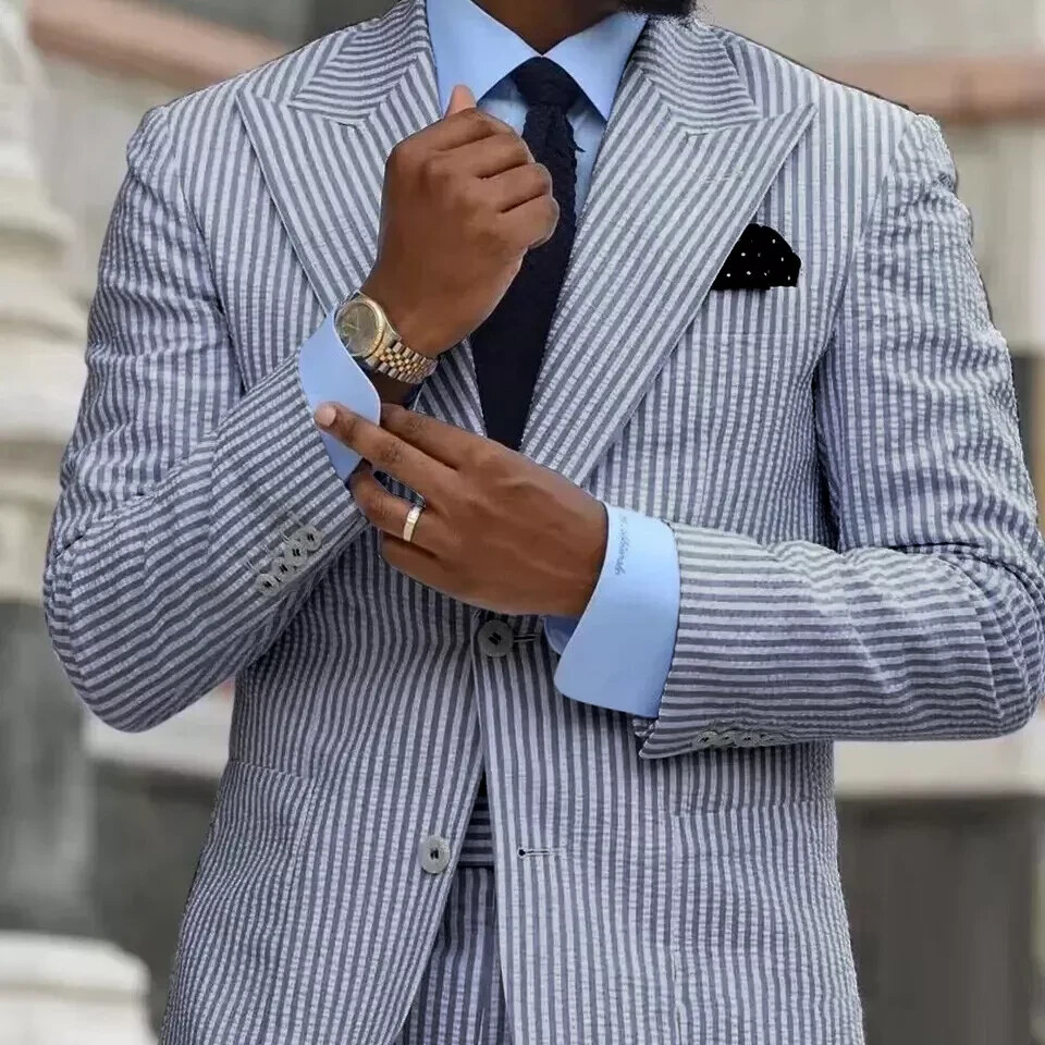 Blue Striped Seersucker Men Suits for Summer Beach Weddings and Formal Events