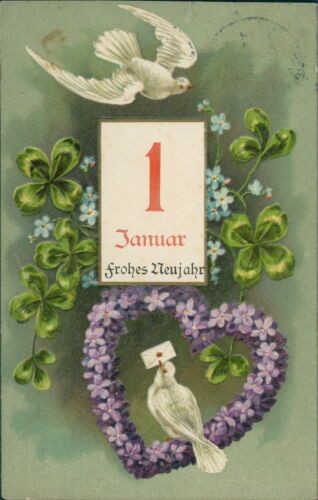 Postcard New Year New Year 1909 Embossed Card Dove Flower Heart (9872)