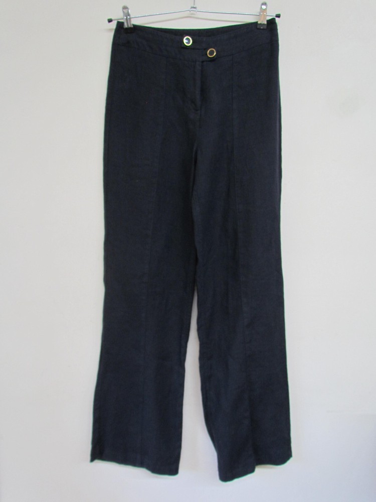 Per Una M&S Womens Navy Blue 100% Linen Trousers Size 8 L   J847g