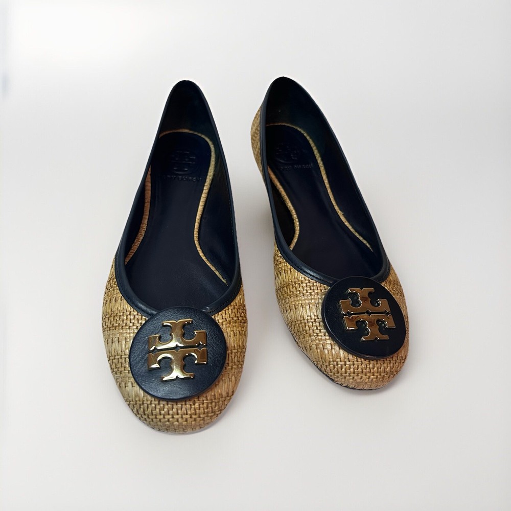 Tory Burch Reva Raffia and Blue Leather Ballet Flats Shoes Size 8 M EUC