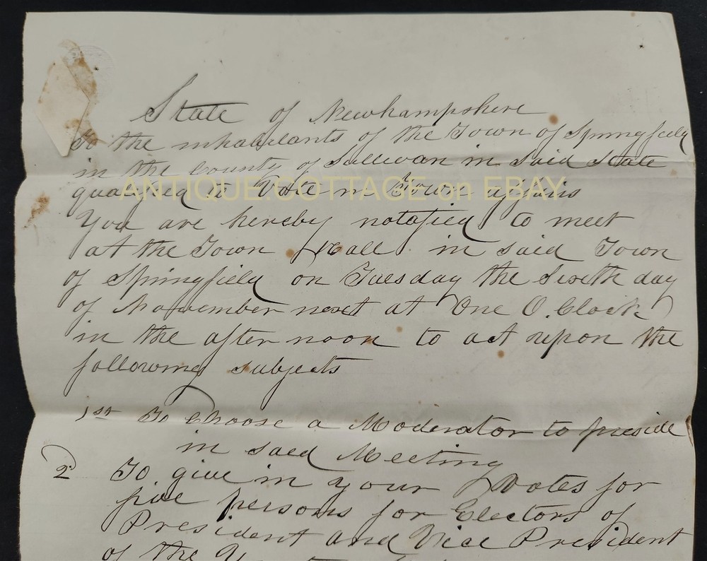 1860 antique SPRINGFIELD nh TOWN MEETING WARRANT voting presidential election