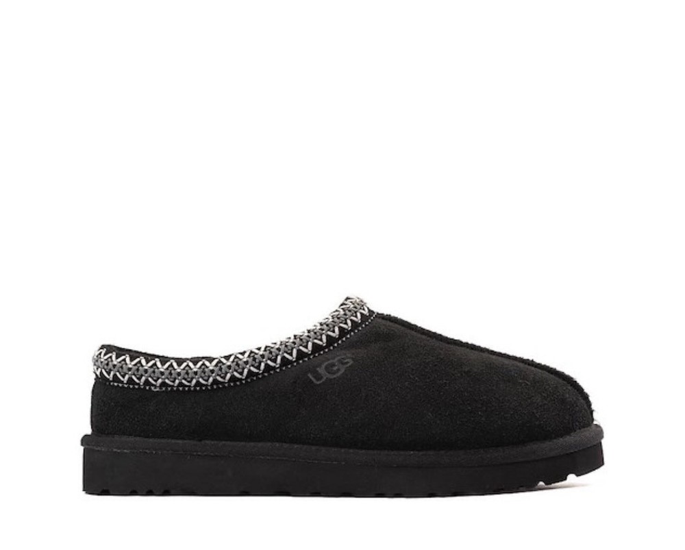 UGG Tasman Black Women's Slip-On Suede Slippers Shearling Lined Embroidered