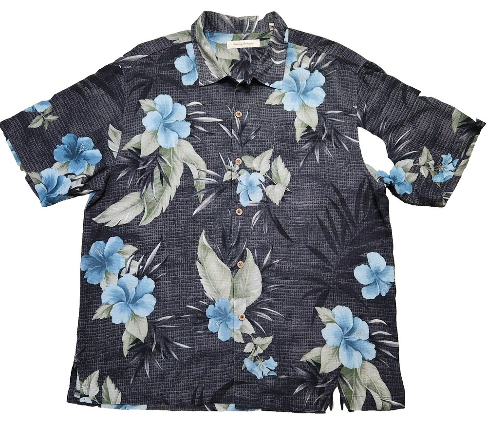 Tommy Bahama Men's XL Tropical Gray 3D Silk Hawaiian Short Sleeve Casual Shirt