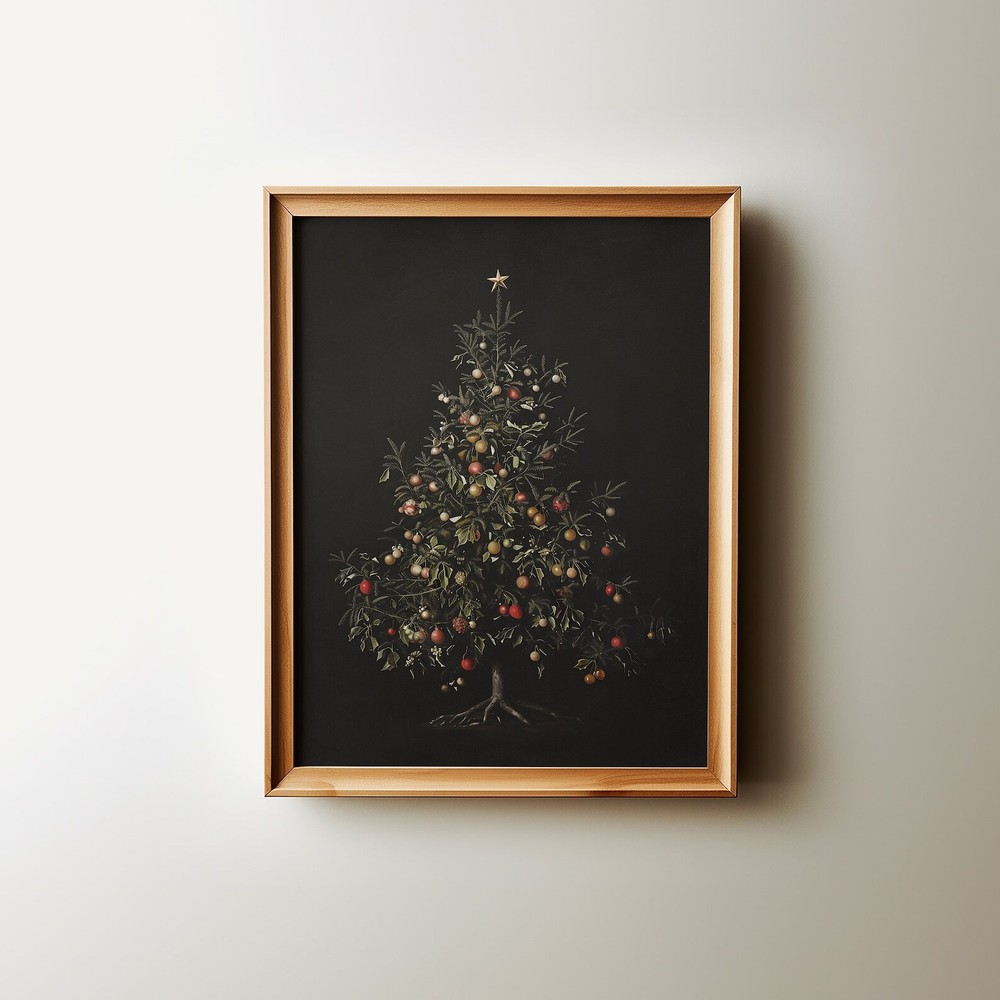 Christmas Tree Oil Painting Cottage Core Decor Moody Still Life Wall Art