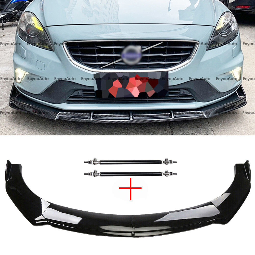 Volvo S60 S80 S90 Front Bumper Lip Spoiler with Strut Rods Glossy Black